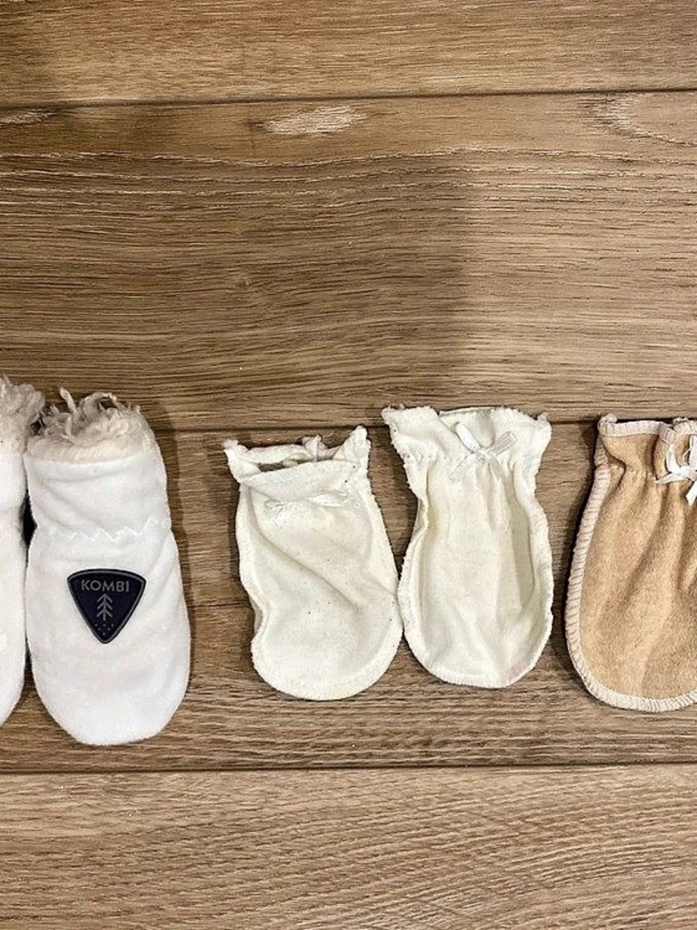 Kombi Baby Mittens 3-Pair Set in White & Brown Like New